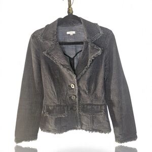 Vintage CACHE Womens' Black Denim‎ Jean Jacket Blazer Size 2 Distressed Frayed